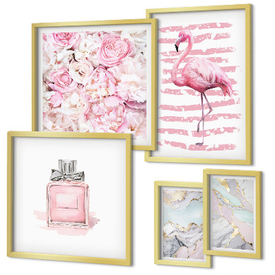 Decorațiune de perete set tablouri Accente roz elegante cu flori de flamingo