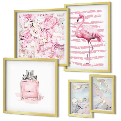 Set de tablouri decorative pentru perete cu accente roz elegante și flori de flamingo