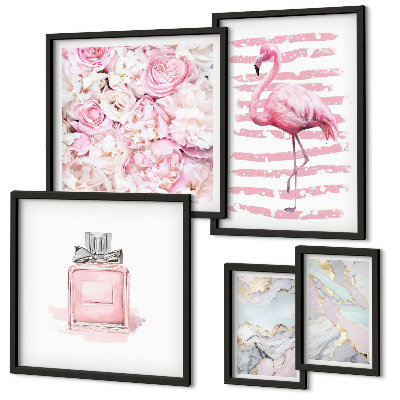Decorațiune de perete set tablouri Accente roz elegante cu flori de flamingo
