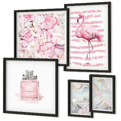 Set de tablouri decorative pentru perete cu accente roz elegante și flori de flamingo