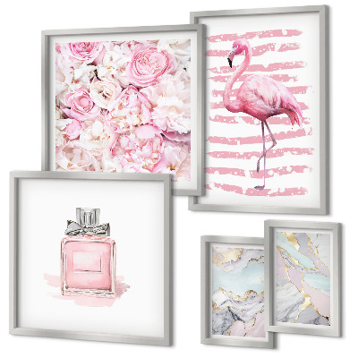 Decorațiune de perete set tablouri Accente roz elegante cu flori de flamingo