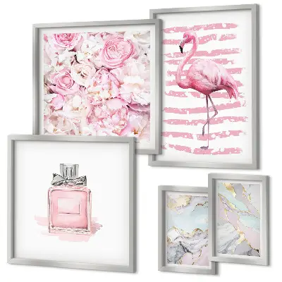 Set de tablouri decorative pentru perete cu accente roz elegante și flori de flamingo
