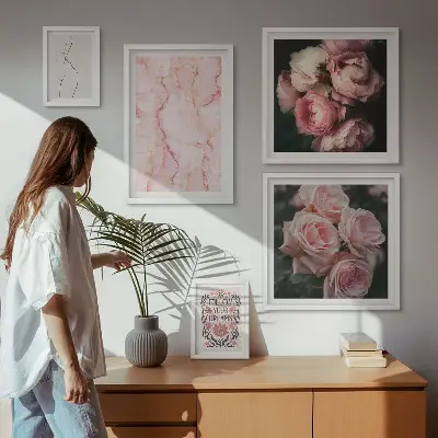 Set de tablouri decorative pentru perete cu flori roz în stil boho