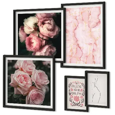 Set de tablouri decorative pentru perete cu flori roz în stil boho