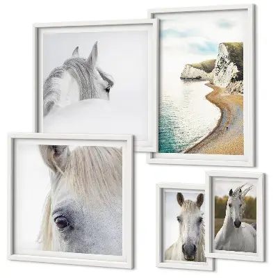 Set de tablouri decorative pentru perete cu cai pe plajă în stil minimalist