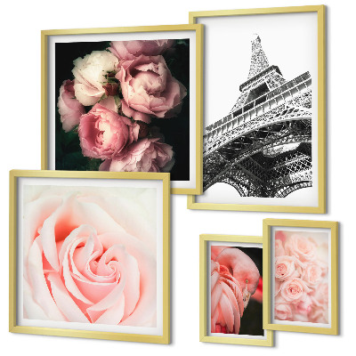 Decorațiune de perete set tablouri Trandafiri Turnul Eiffel Romantism