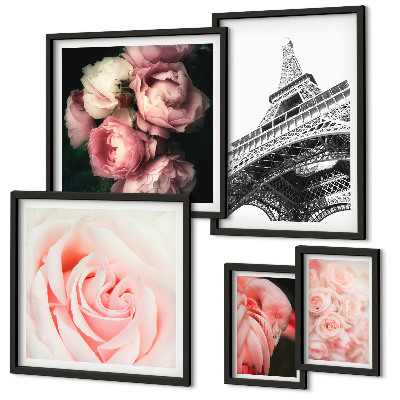 Decorațiune de perete set tablouri Trandafiri Turnul Eiffel Romantism