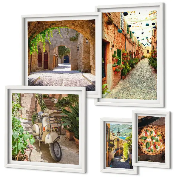 Set de tablouri decorative de perete cu străzi fermecătoare și preparate italienești