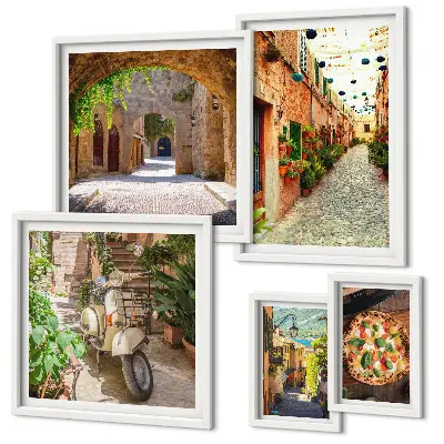 Set de tablouri decorative de perete cu străzi fermecătoare și preparate italienești