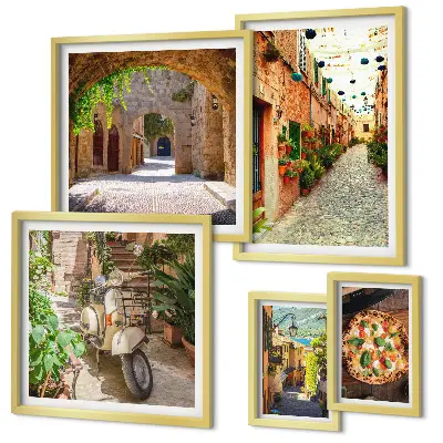 Set de tablouri decorative de perete cu străzi fermecătoare și preparate italienești