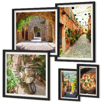 Set de tablouri decorative de perete cu străzi fermecătoare și preparate italienești