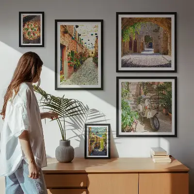 Set de tablouri decorative de perete cu străzi fermecătoare și preparate italienești