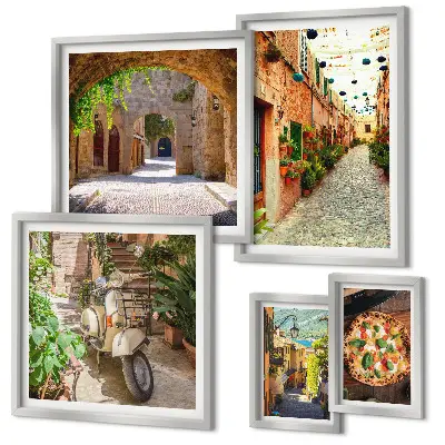 Set de tablouri decorative de perete cu străzi fermecătoare și preparate italienești