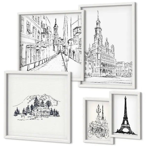 Ilustrații arhitecturale elegante set de tablouri poliptice înrămate