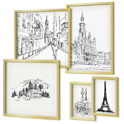 Ilustrații arhitecturale elegante set de tablouri poliptice înrămate