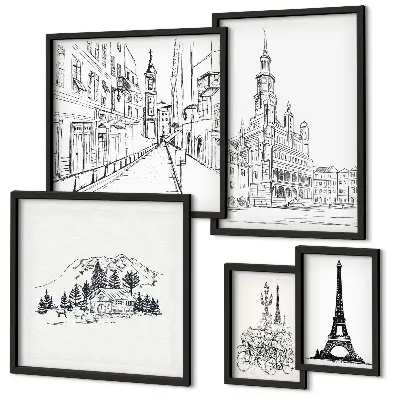 Ilustrații arhitecturale elegante set de tablouri poliptice înrămate