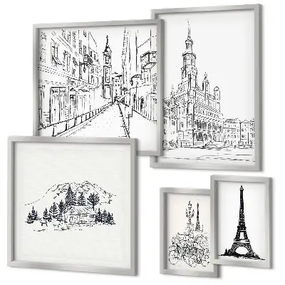 Ilustrații arhitecturale elegante set de tablouri poliptice înrămate