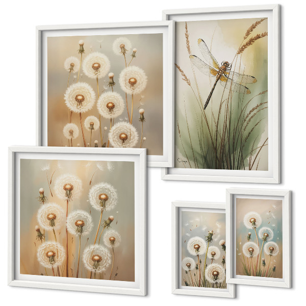 Decorațiune de perete set tablouri Motive florale de libelule și păpădii