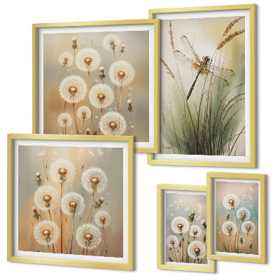 Decorațiune de perete set tablouri Motive florale de libelule și păpădii
