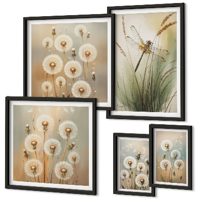 Decorațiune de perete set tablouri Motive florale de libelule și păpădii