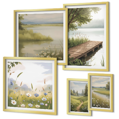 Decorațiune de perete set tablouri Peisaje liniștite cu un pod de pajiște
