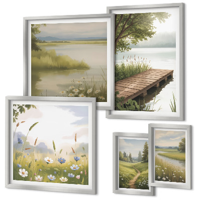 Decorațiune de perete set tablouri Peisaje liniștite cu un pod de pajiște