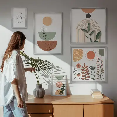 Grafică cu plante și forme geometrice set de tablouri poliptice înrămate