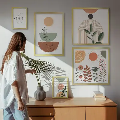 Grafică cu plante și forme geometrice set de tablouri poliptice înrămate