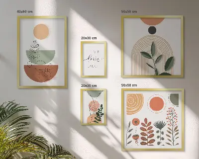 Grafică cu plante și forme geometrice set de tablouri poliptice înrămate