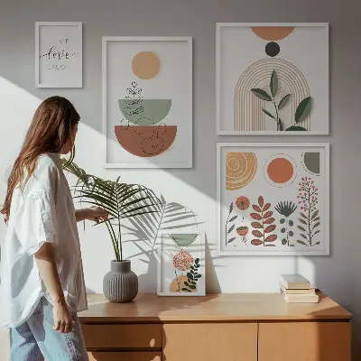 Grafică cu plante și forme geometrice set de tablouri poliptice înrămate