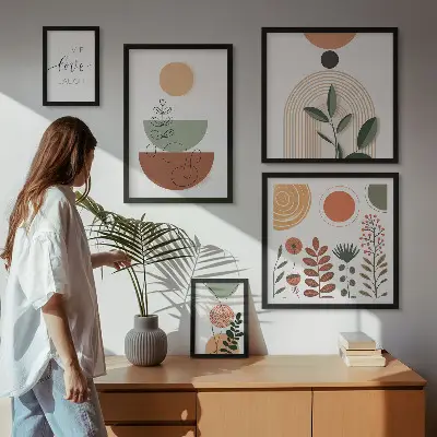 Grafică cu plante și forme geometrice set de tablouri poliptice înrămate