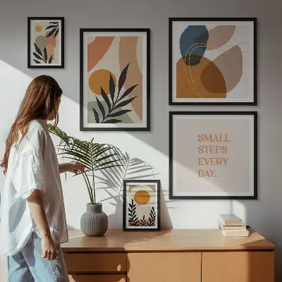 Grafică abstractă elegantă cu plante tablou poliptic înrămat