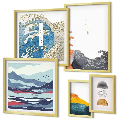 Set de tablouri decorative pentru perete cu model de valuri și munți în stil japonez