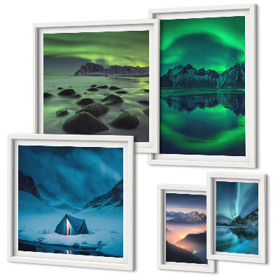 Polyptic înrămat Peisaje de iarnă ale munților aurora boreală
