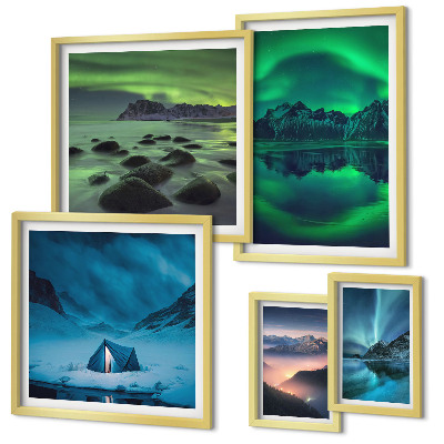 Polyptic înrămat Peisaje de iarnă ale munților aurora boreală