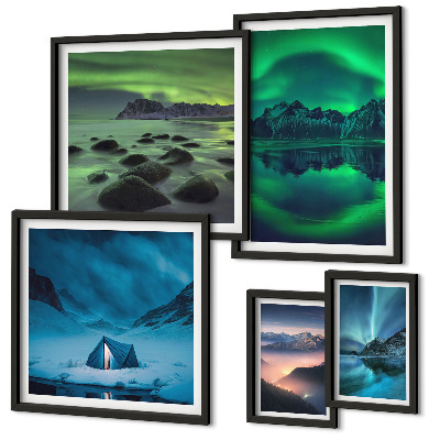 Polyptic înrămat Peisaje de iarnă ale munților aurora boreală