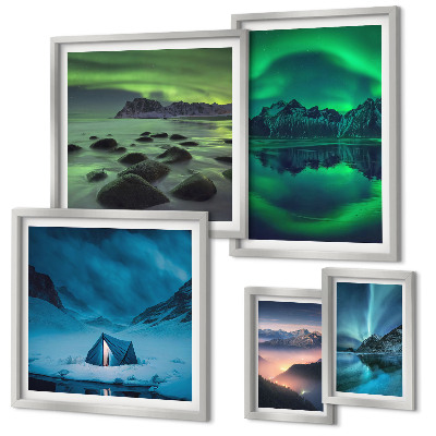 Polyptic înrămat Peisaje de iarnă ale munților aurora boreală