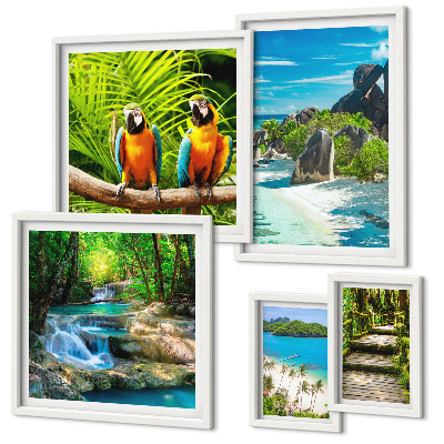Polyptic înrămat Peisaje tropicale, păsări, cascade