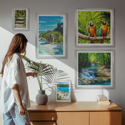 Polyptic înrămat Peisaje tropicale, păsări, cascade