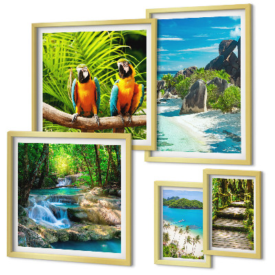 Polyptic înrămat Peisaje tropicale, păsări, cascade