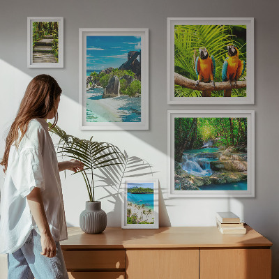 Polyptic înrămat Peisaje tropicale, păsări, cascade