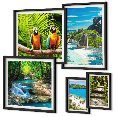 Polyptic înrămat Peisaje tropicale, păsări, cascade