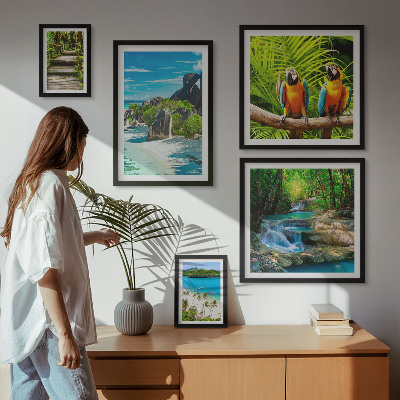 Polyptic înrămat Peisaje tropicale, păsări, cascade