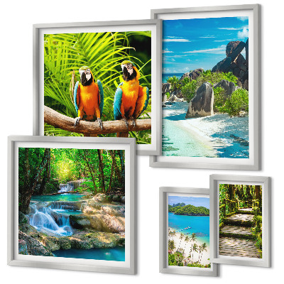 Polyptic înrămat Peisaje tropicale, păsări, cascade