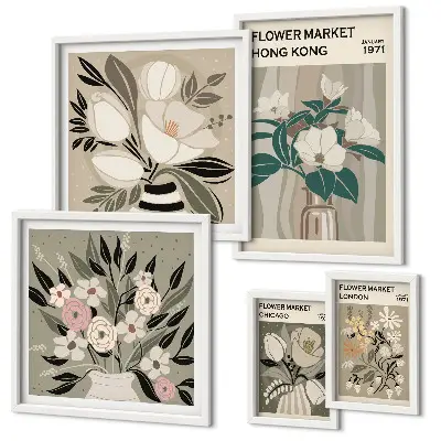 Tablou triptic înrămat cu imprimeu vintage de târg de flori