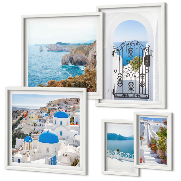 Decorațiune de perete set tablouri Case albastre la mare în Santorini