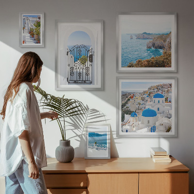 Decorațiune de perete set tablouri Case albastre la mare în Santorini