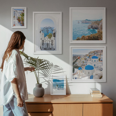 Decorațiune de perete set tablouri Case albastre la mare în Santorini