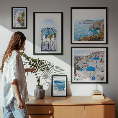 Decorațiune de perete set tablouri Case albastre la mare în Santorini