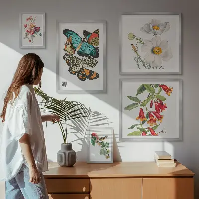 Poliptic înrămat cu decor vintage cu flori, fluturi și păsări